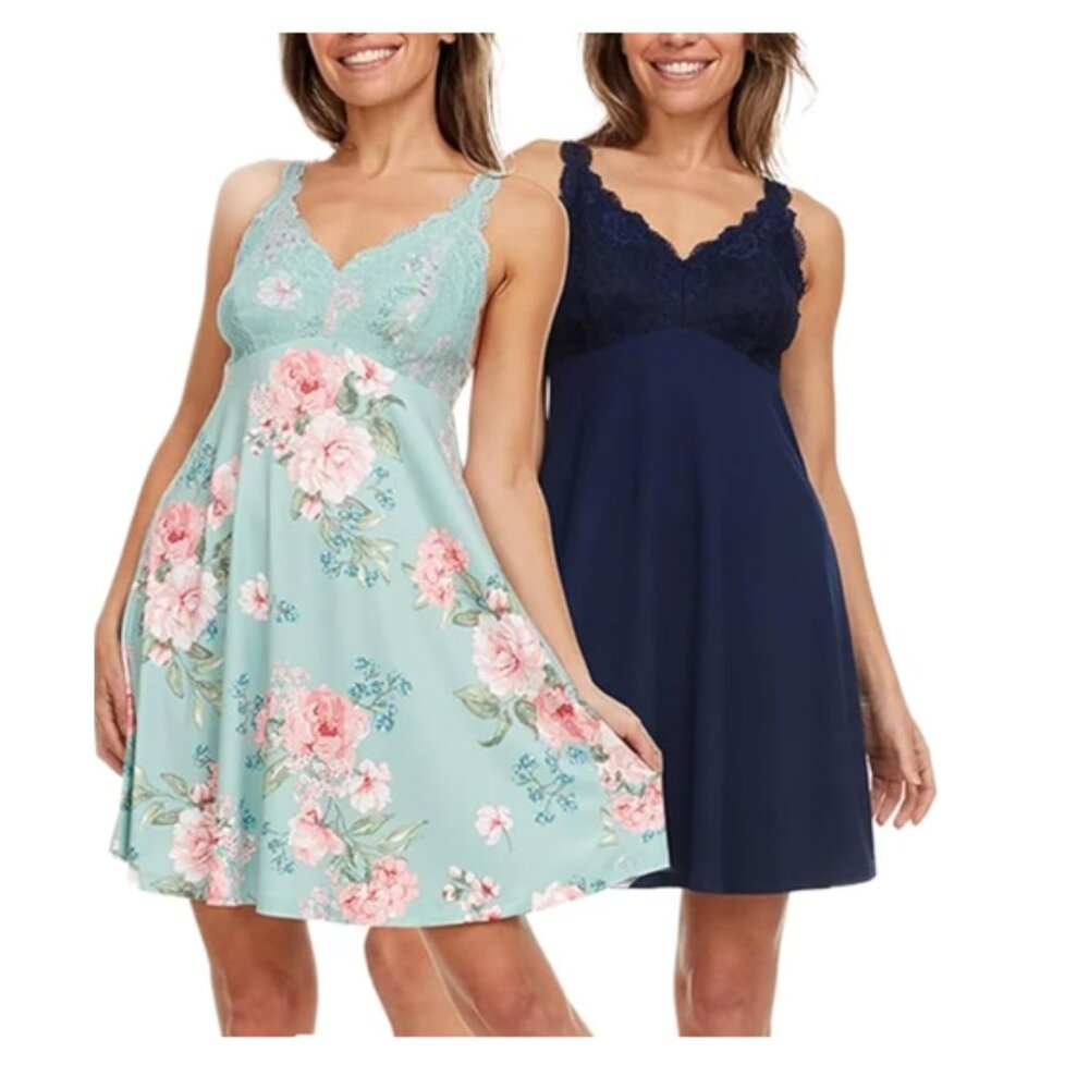 FN Women's Lace Trim Sleeveless Nightgown 2 Pack Chemise M Navy/Floral NEW